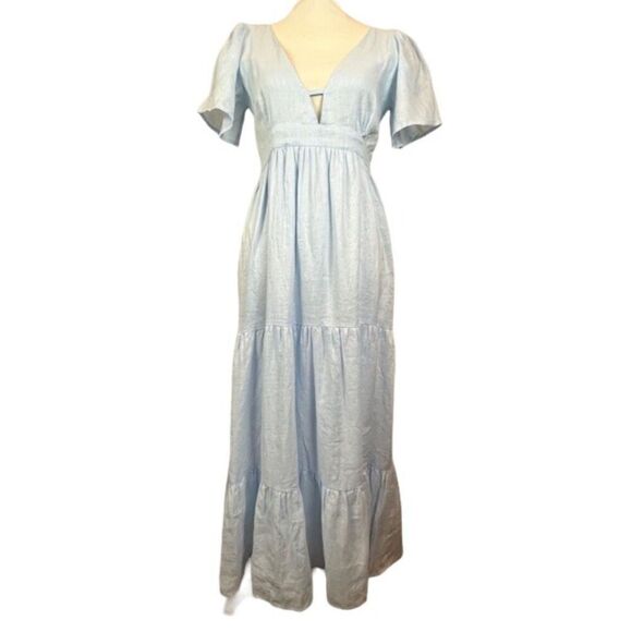 NWT LUSANA Linen Coco Lace Back Tiered Midi Sky Blue Lined Size 4 - Picture 2 of 13